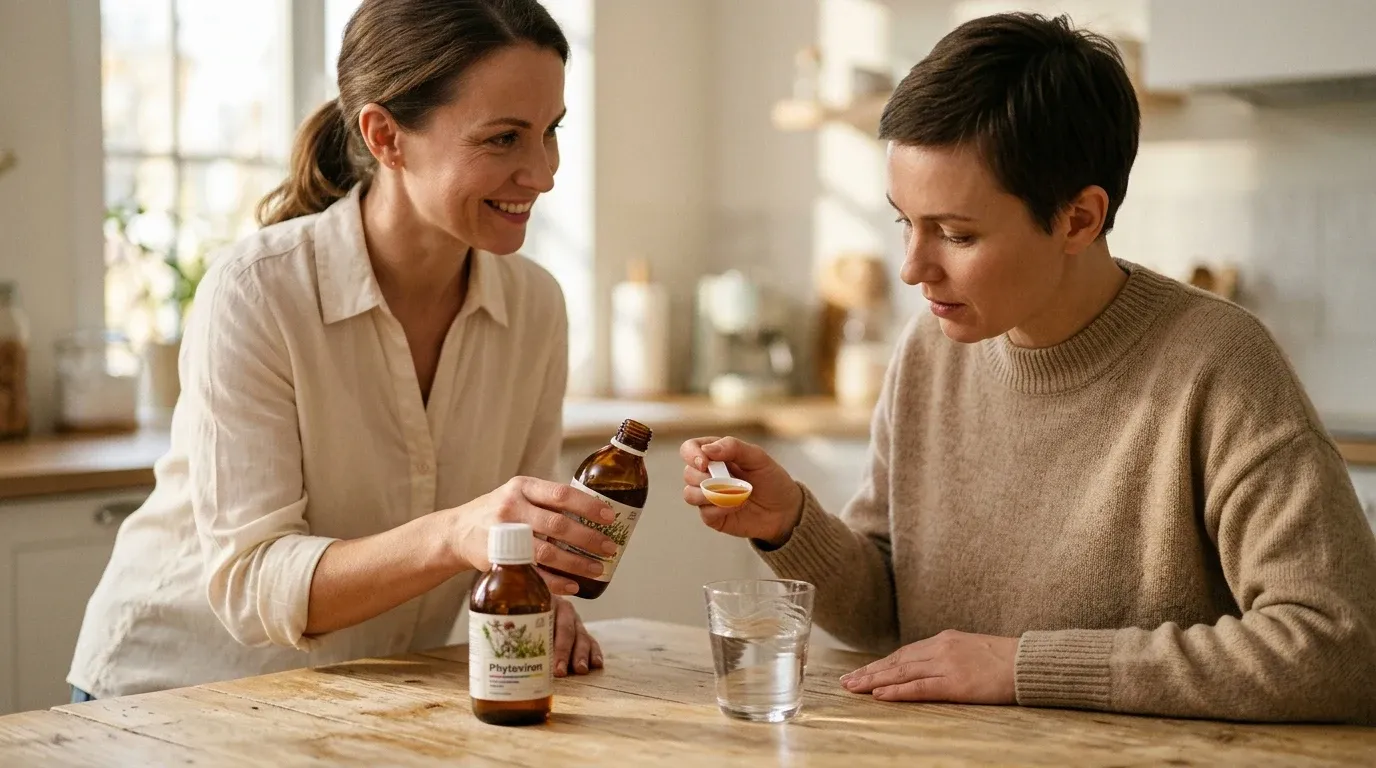Beraterin präsentiert Phytoviron, die konzentrierte Flüssigkeit, und erklärt Dosierung am Küchentisch