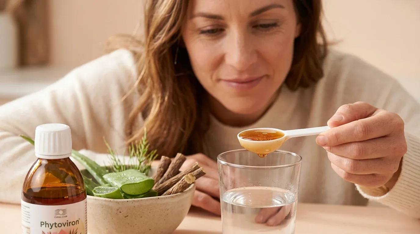 Redakteurin in warmer Redaktionsküche mischt Phytoviron die mit Pflanzenextrakten in kleinen Schalen