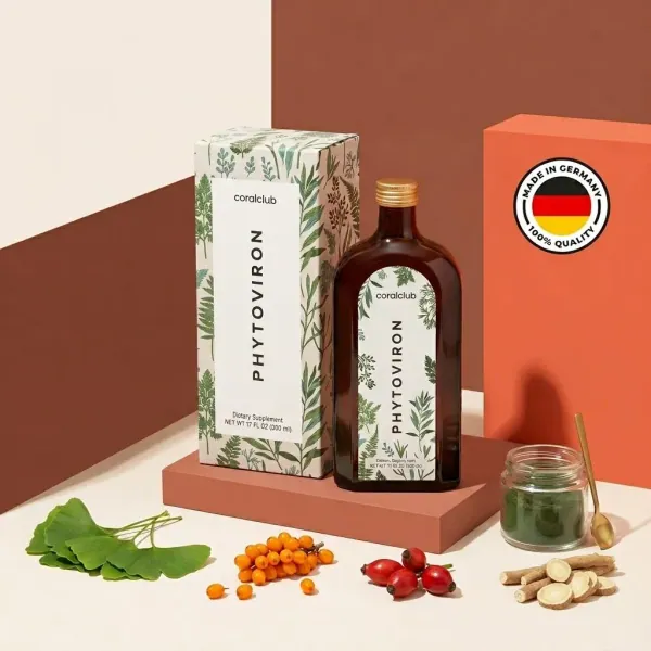 Phytoviron dietary supplement bottle with packaging, surrounded by natural ingredients like ginkgo and sea buckthorn.
