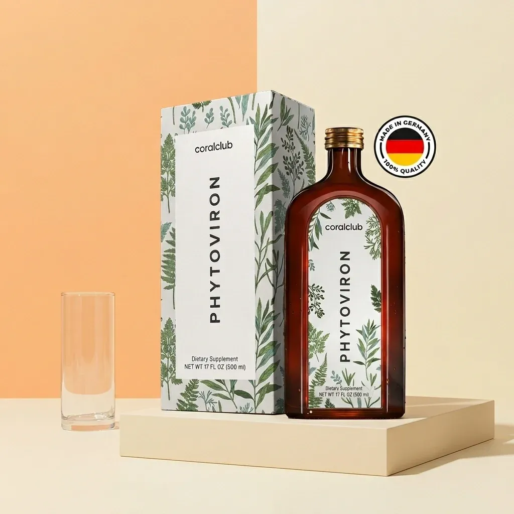 Phytoviron dietary supplement packshot with glass and elegant packaging design.