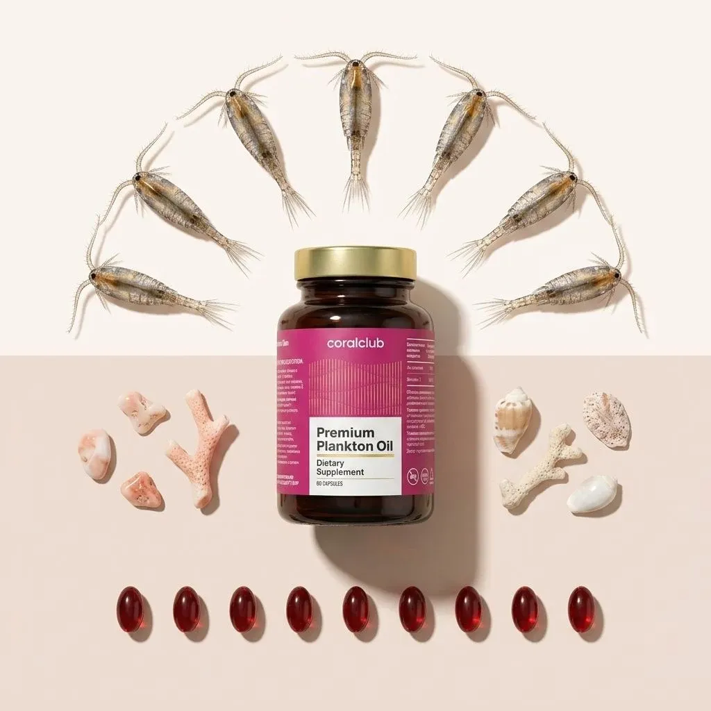Premium Plankton Oil dietary supplement with marine ingredients and softgel capsules.