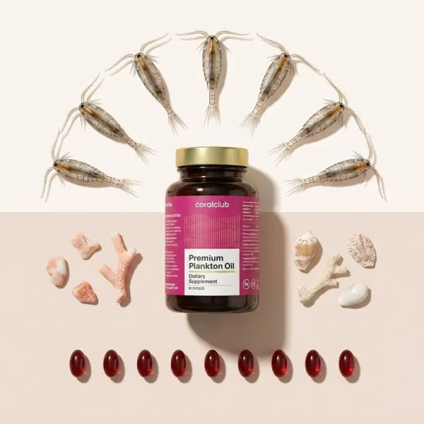 Premium Plankton Oil dietary supplement with marine ingredients and softgel capsules.