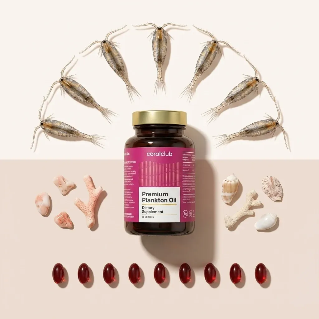 Premium Plankton Oil dietary supplement with marine ingredients and softgel capsules.