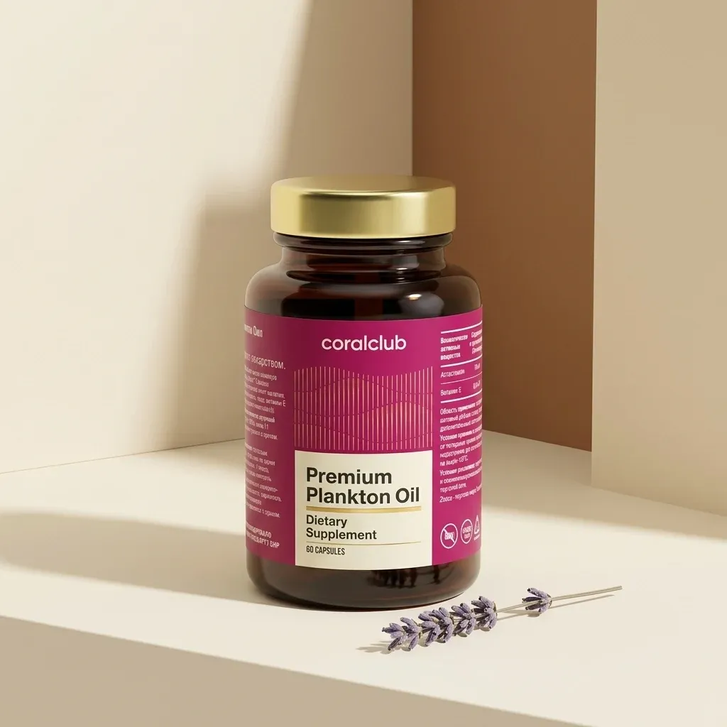 Premium Plankton Oil dietary supplement bottle with gold lid on a minimalist shelf.