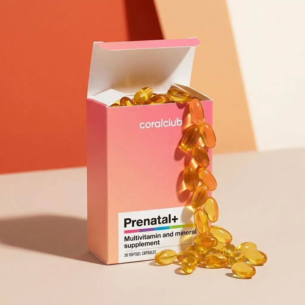 Prenatal+ multivitamin softgel capsules spilling from a pink box on a pastel background.
