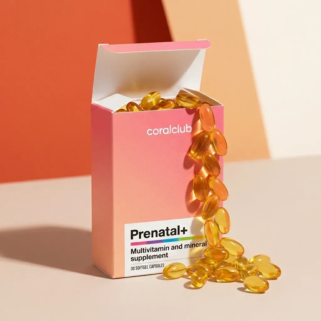 Prenatal+ multivitamin softgel capsules spilling from a pink box on a pastel background.