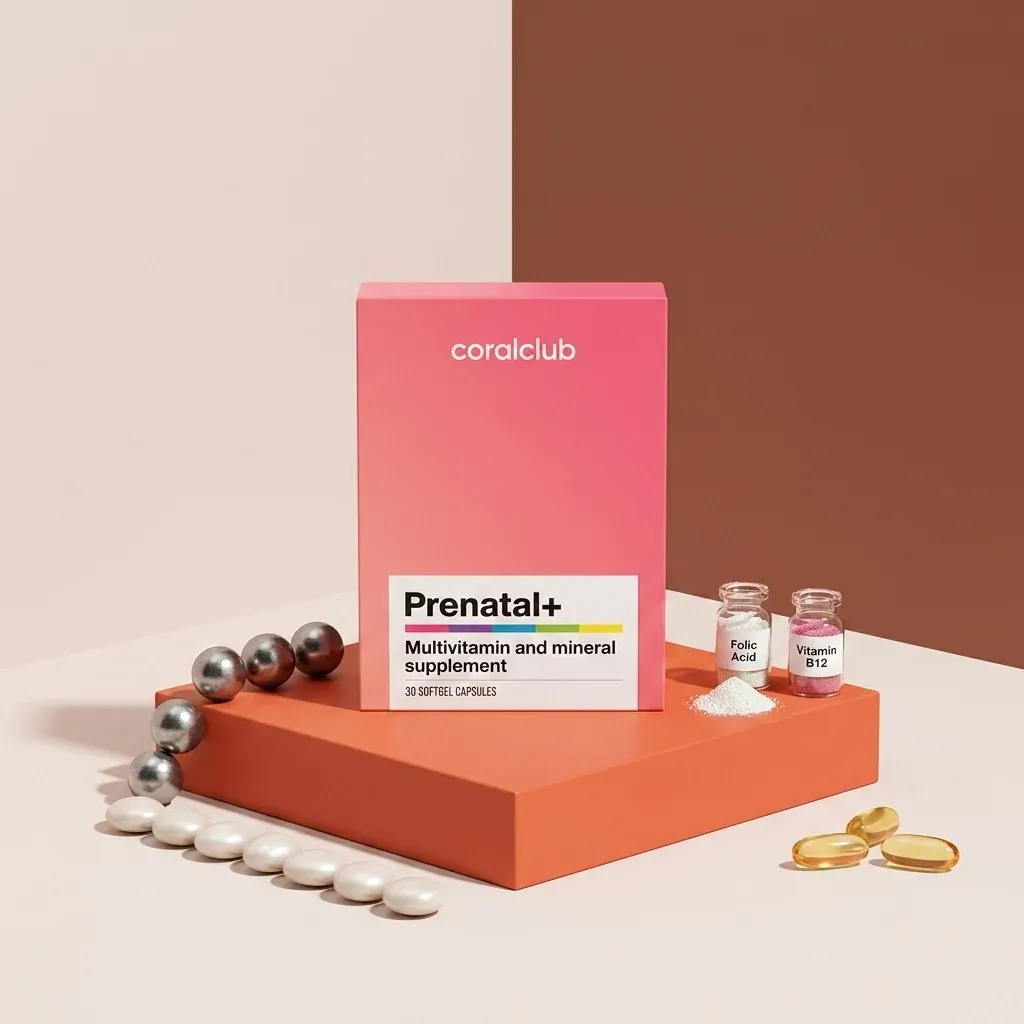 Prenatal+ multivitamin and mineral supplement with capsules, folic acid, and vitamin B12 on a colorful display.