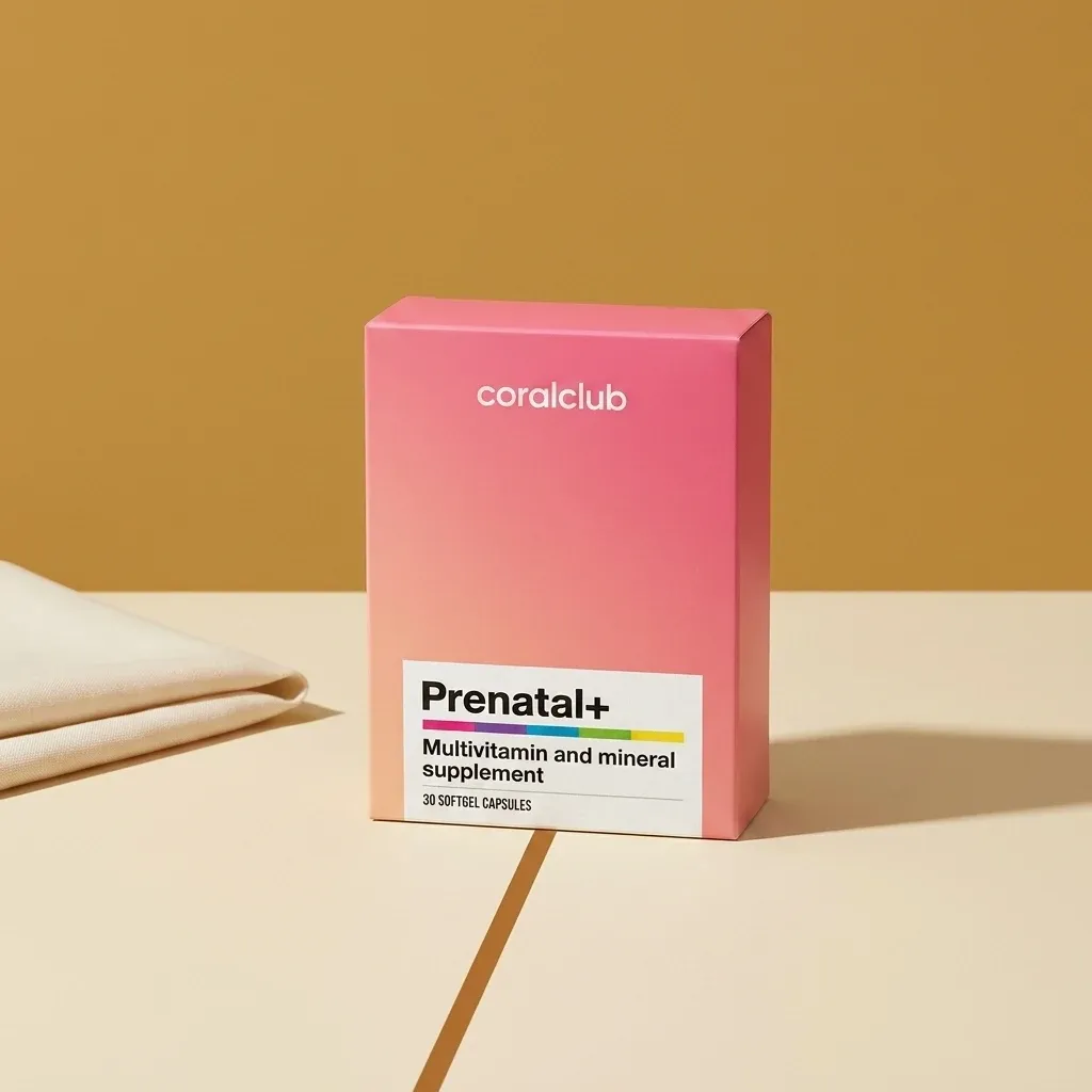 Prenatal+ multivitamin and mineral supplement packshot with soft pastel background.