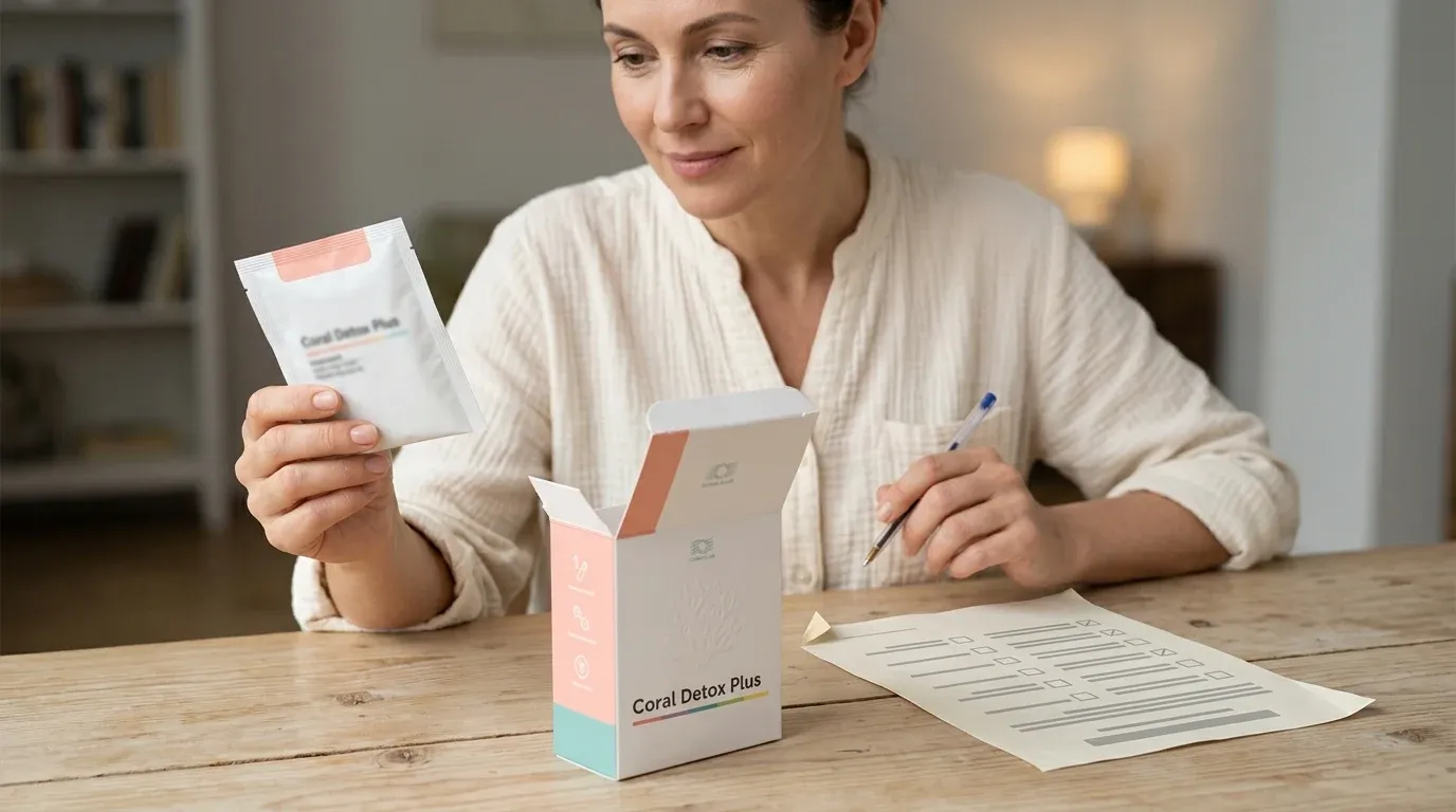 Frau vergleicht am Holztisch Coral Club Program Packs, Testbogen und ein Coral Detox Plus Sachet in der Hand