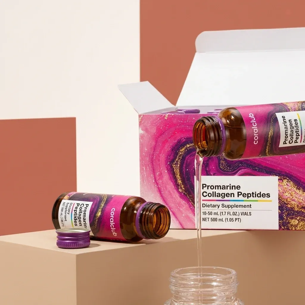 Promarine Collagen Peptides vials with liquid pouring into a jar, on a colorful background.