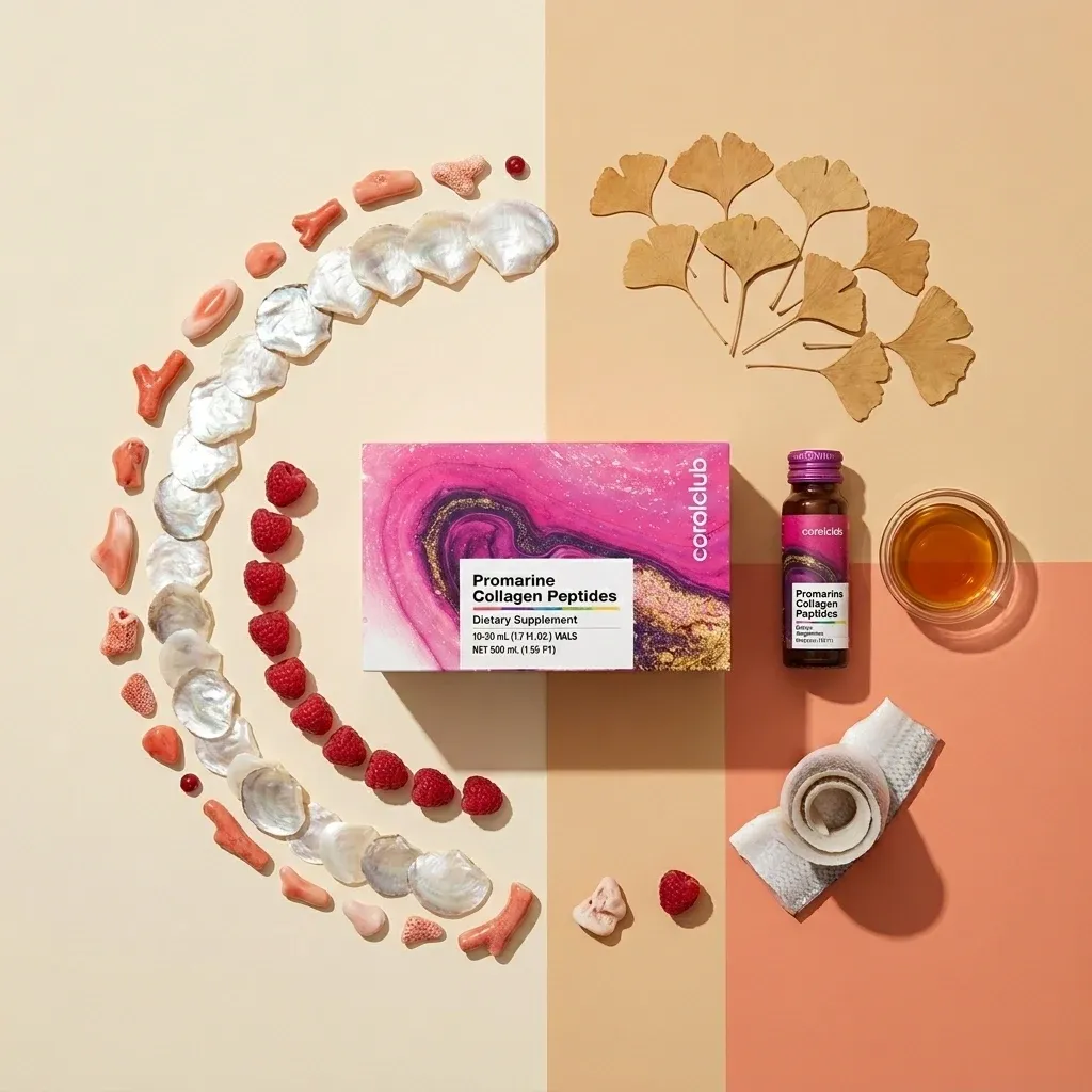 Promarine Collagen Peptides ingredient layout with berries, ginkgo leaves, and colorful supplement packaging.
