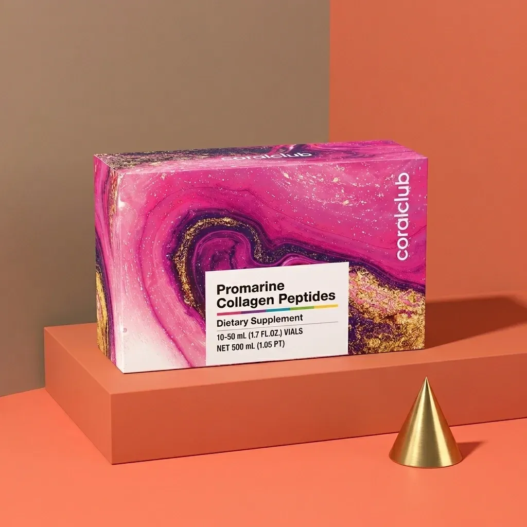 Promarine Collagen Peptides packshot with colorful box design on a geometric background.
