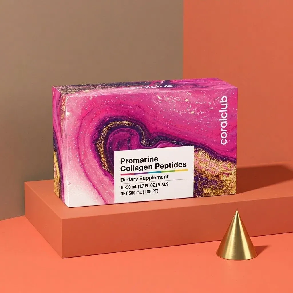 Promarine Collagen Peptides packshot with colorful box design on a geometric background.
