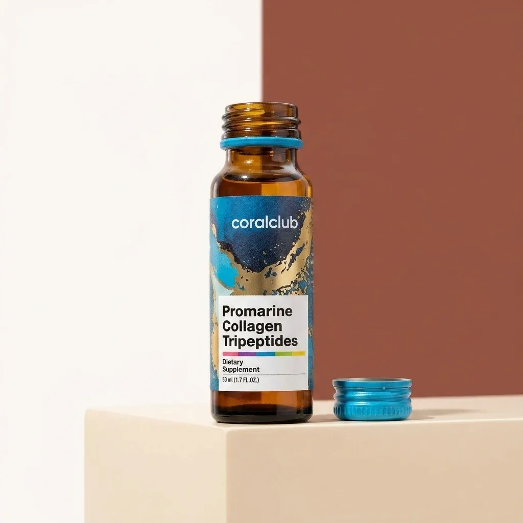 Promarine Collagen Tripeptides dietary supplement bottle with blue cap on a neutral background.