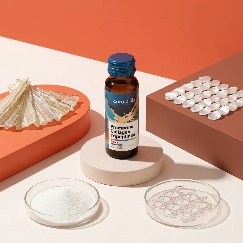 Promarine Collagen Tripeptides in a bottle with marine ingredients and collagen powder on a colorful backdrop.