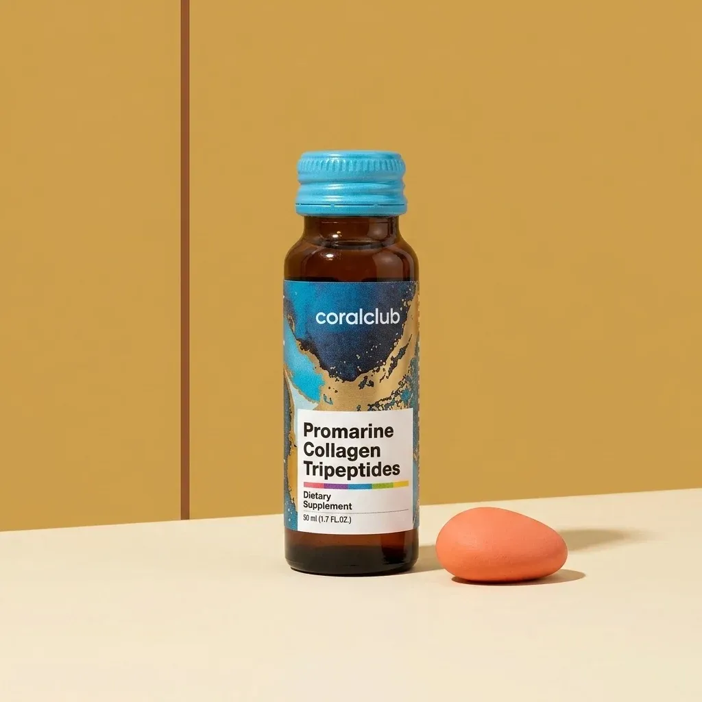 Promarine Collagen Tripeptides packshot with a bottle and a peach-colored supplement capsule.