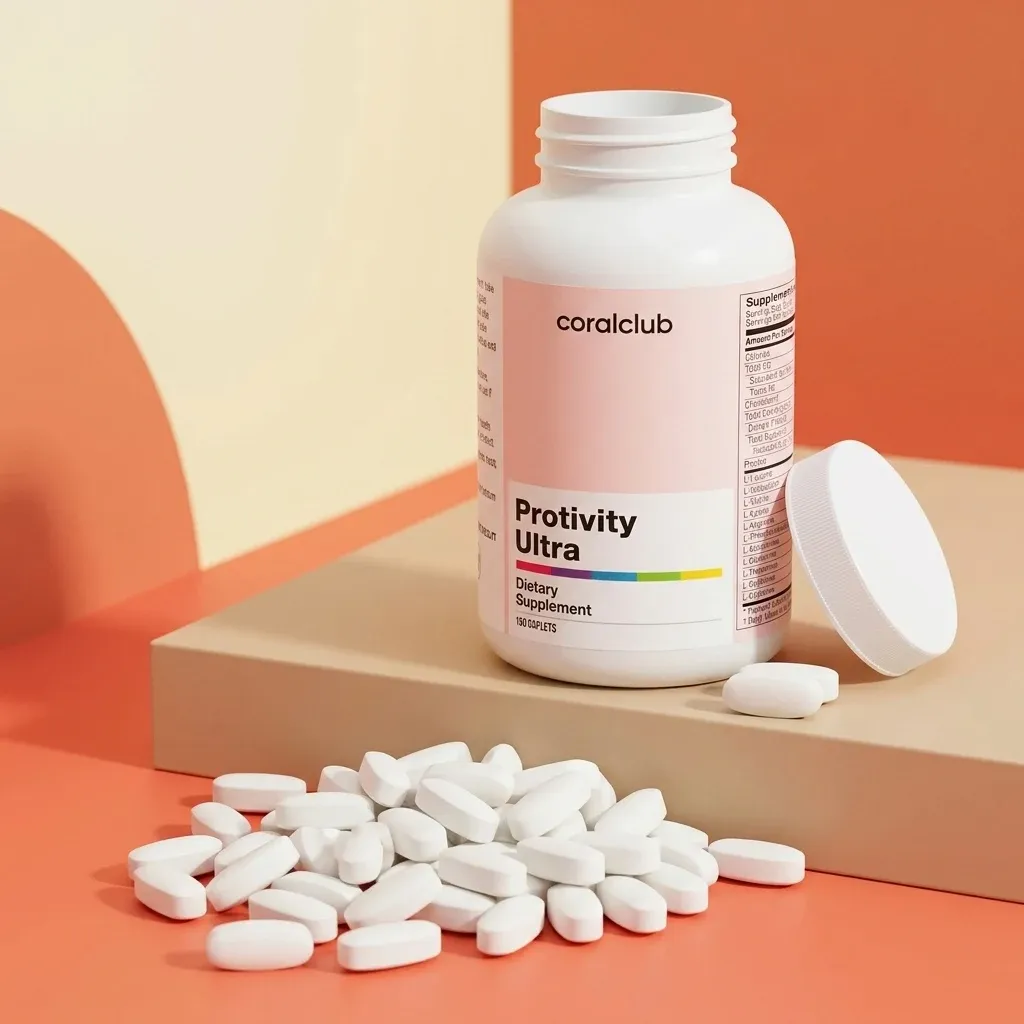 Protivity Ultra dietary supplement bottle with white tablets scattered on a colorful background.