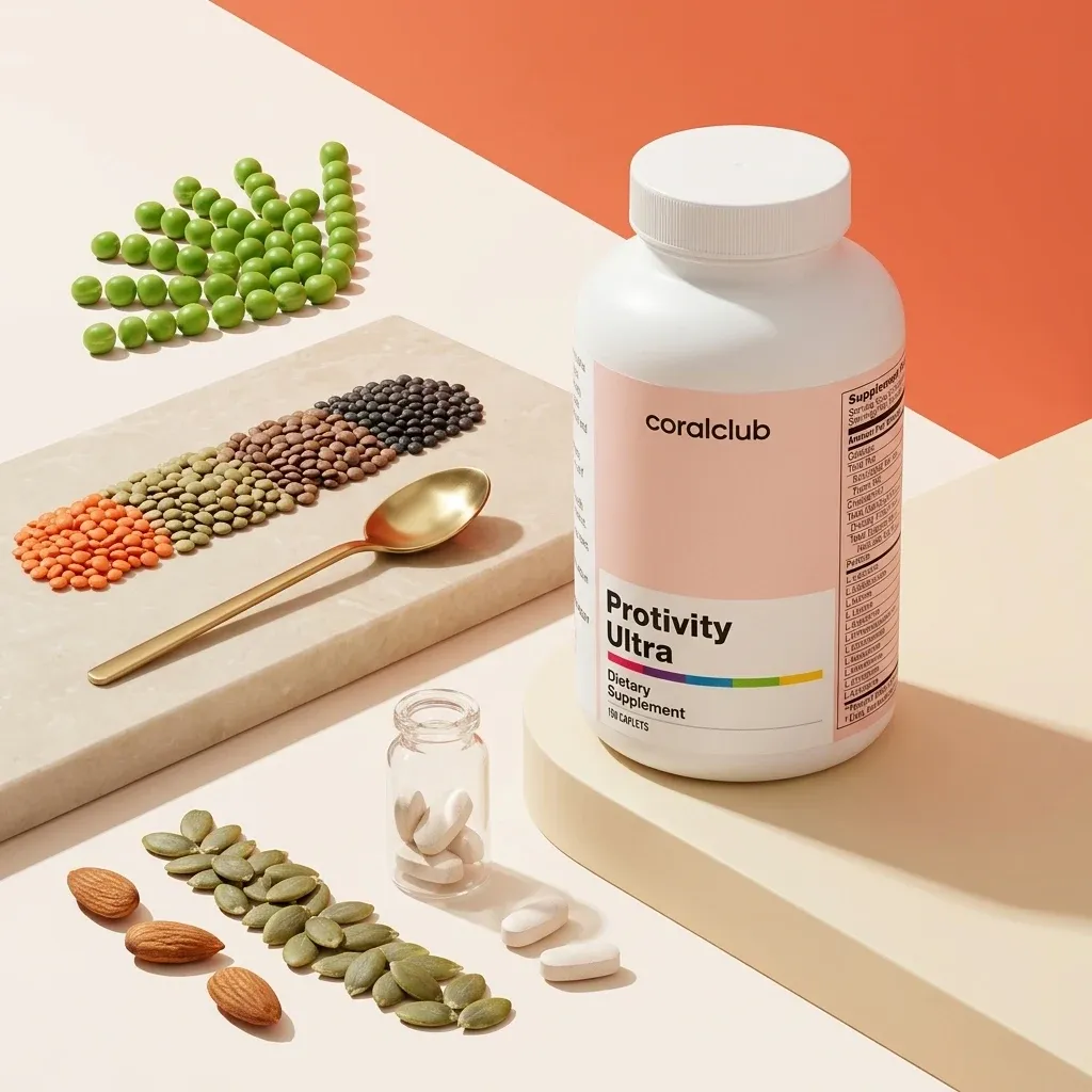 Protivity Ultra dietary supplement with various legumes, nuts, and seeds on a marble surface.