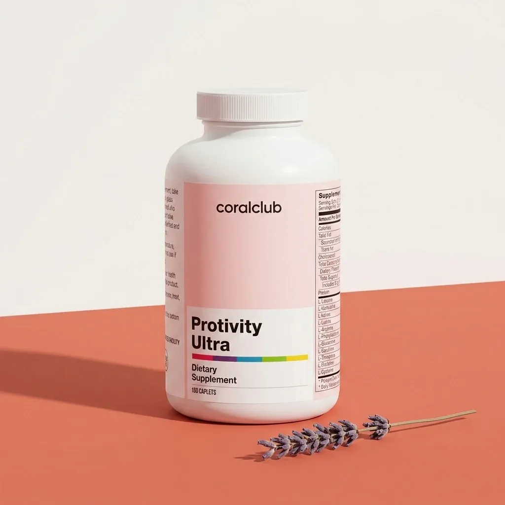 Protivity Ultra dietary supplement packshot with pink label and lavender sprig on a coral background.