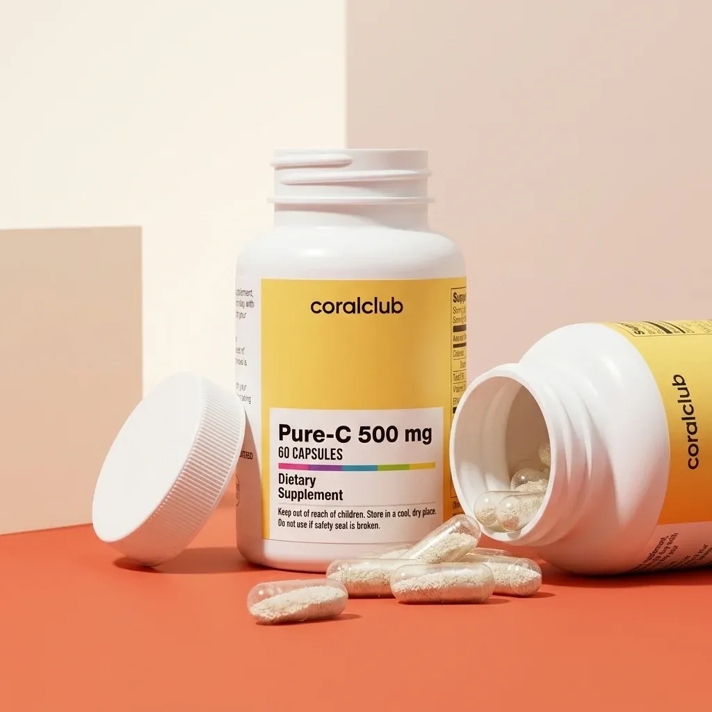Pure-C 500 mg dietary supplement bottle with capsules spilled, showcasing product details and packaging design.
