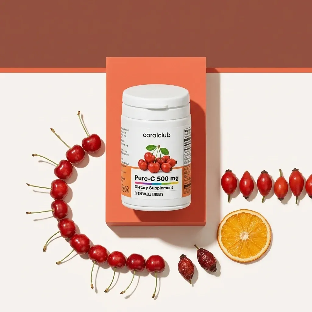 Pure-C 500 mg dietary supplement bottle with rose hips and orange slices on a minimalistic background.