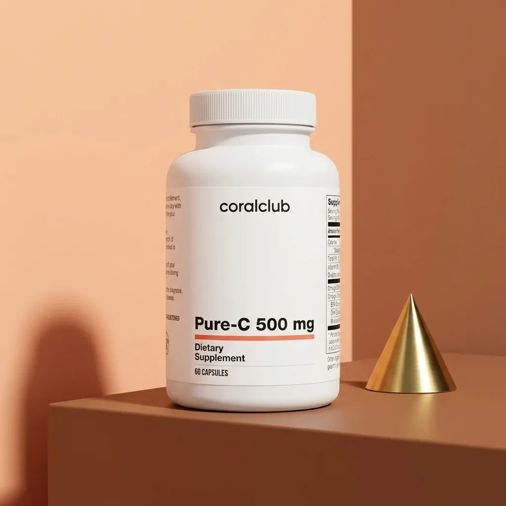 Pure-C 500 mg dietary supplement bottle with 60 capsules on a minimalist background.