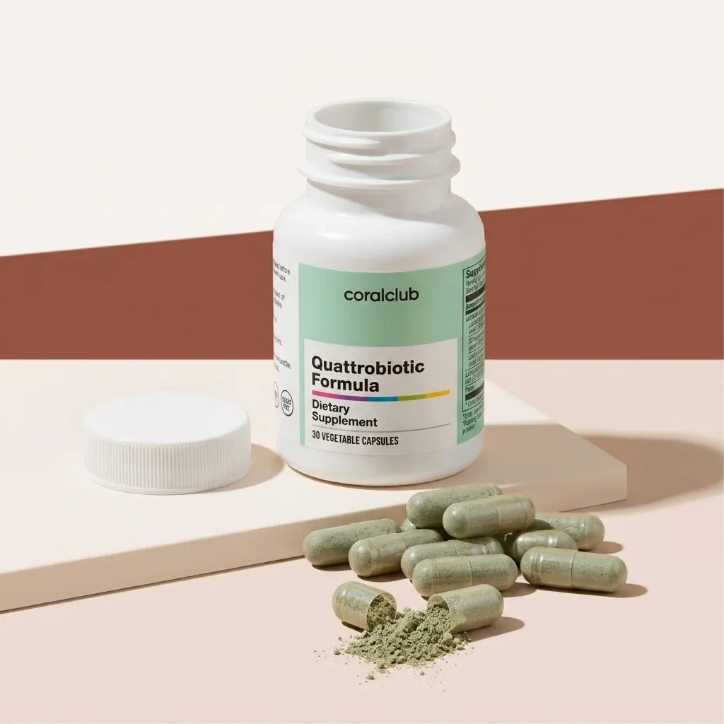 Quattrobiotic Formula dietary supplement bottle with vegetable capsules and spilled contents.