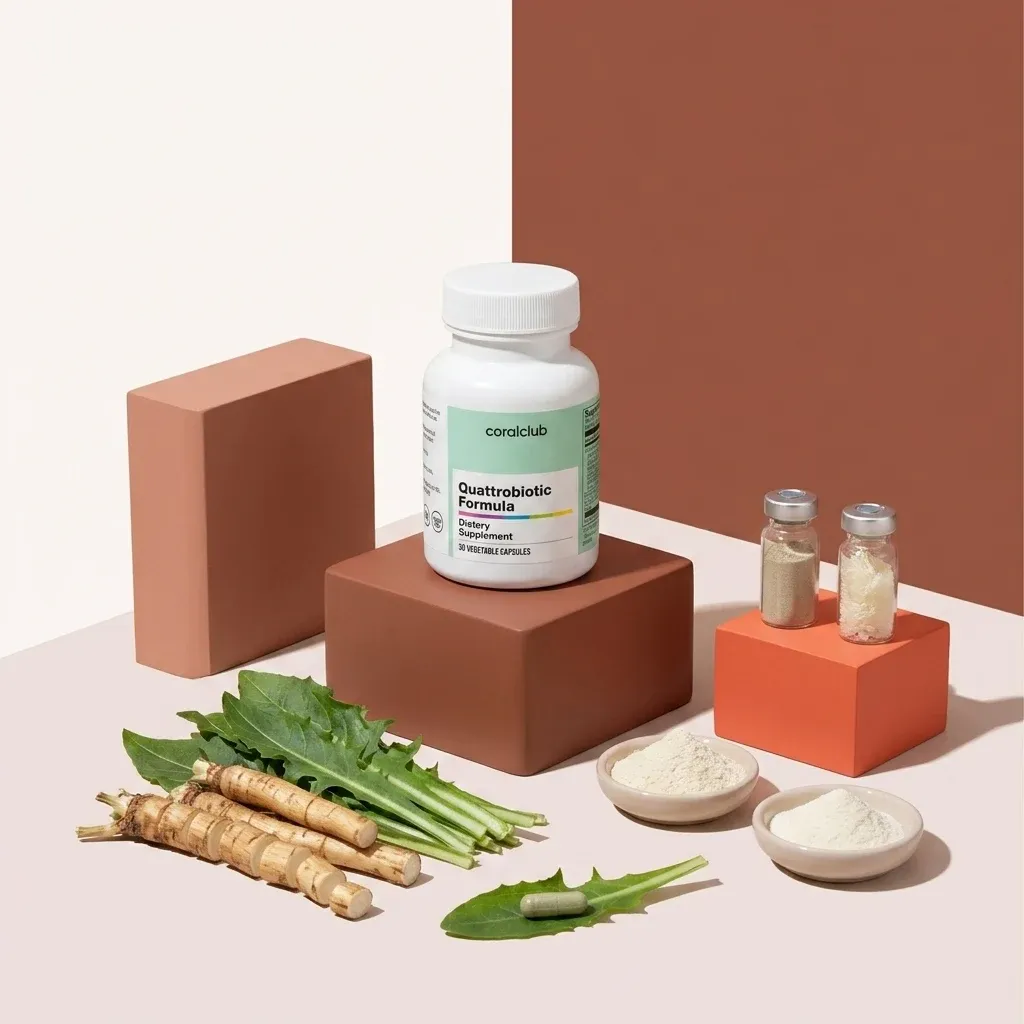 Quattrobiotic Formula bottle with herbal ingredients and powders on colorful blocks.