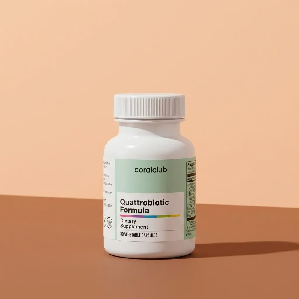 Quattrobiotic Formula dietary supplement packshot with 30 vegetable capsules on a neutral background.