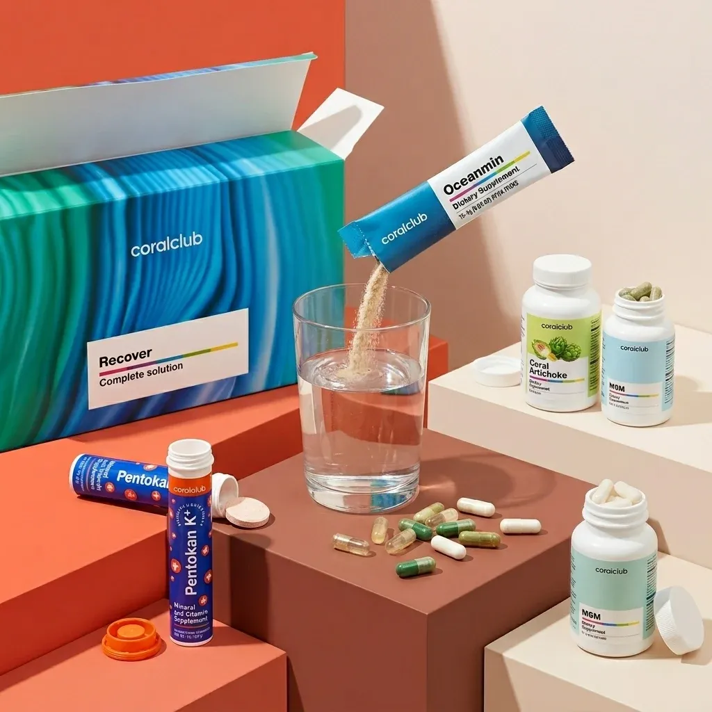 Recover Pack detail with Oceanamin dissolving in water, Pentokan K, and other supplement bottles displayed.
