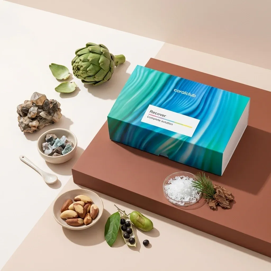 Recover Pack with ingredients like artichoke, nuts, and sea salt on a stylish surface.