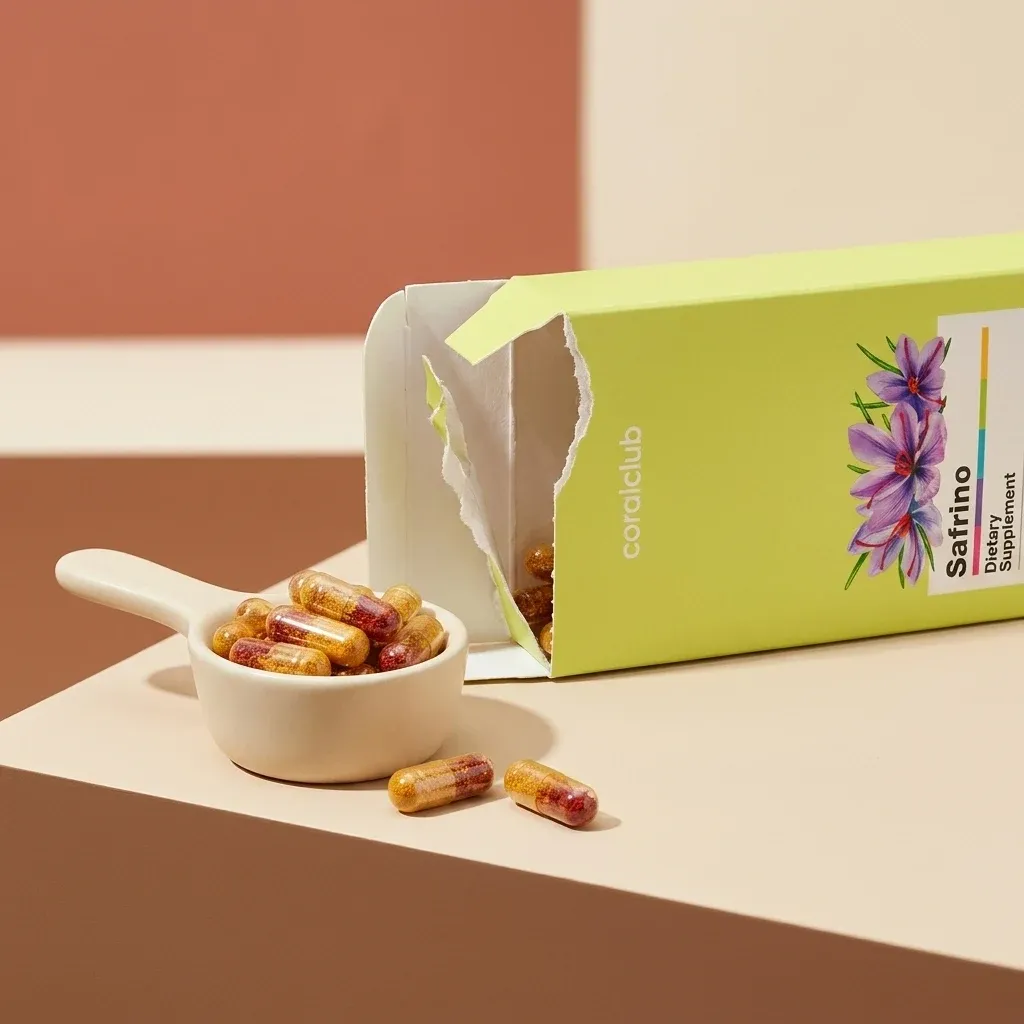 Safrino detail shot showing opened packaging and capsules in a spoon.