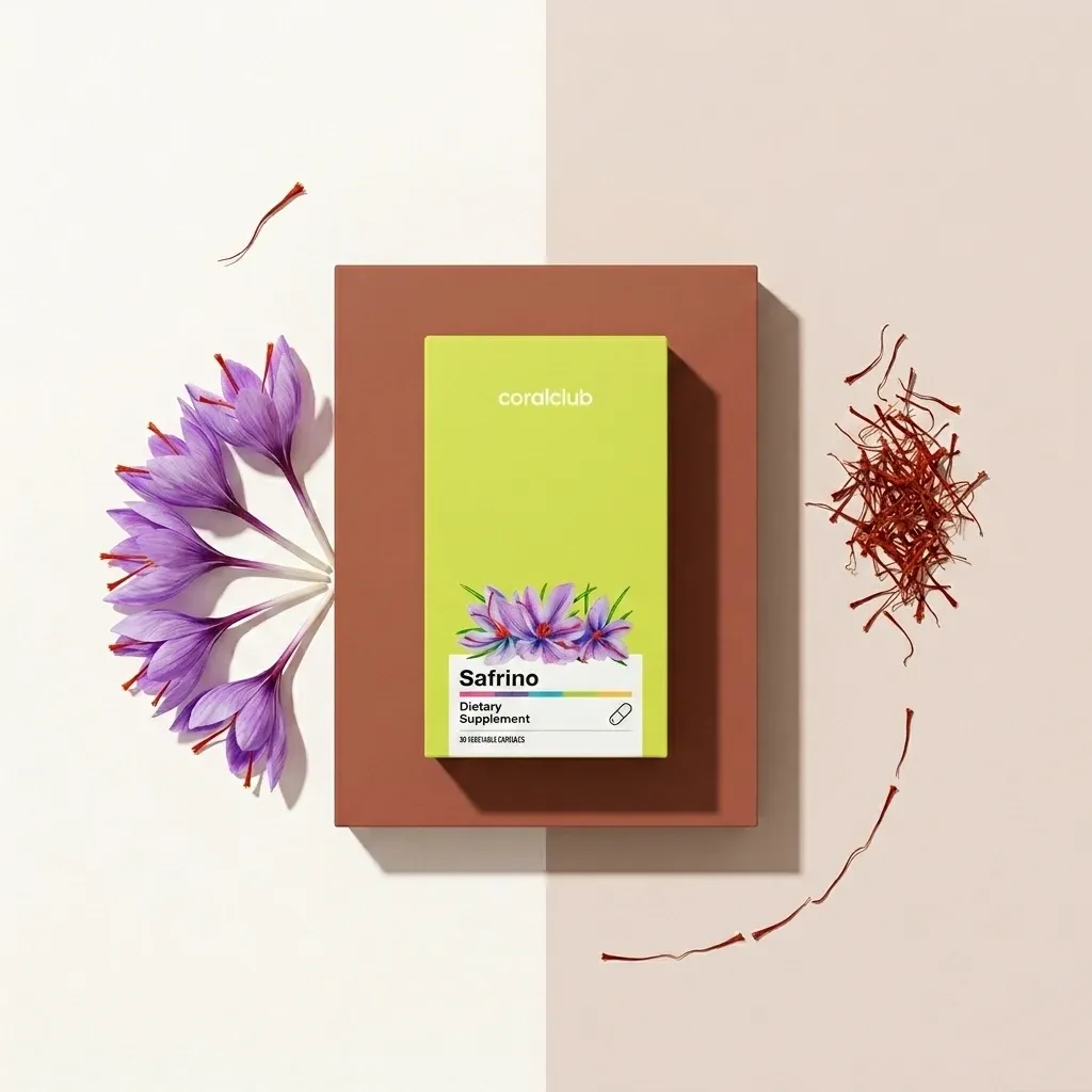 Safrino dietary supplement box with saffron strands and saffron flowers on a pastel background.