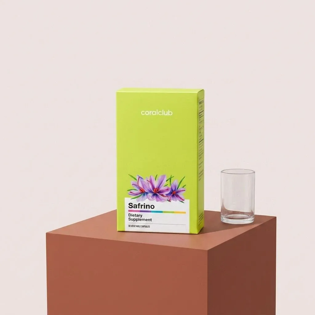 Safrino dietary supplement packshot with vibrant packaging and a glass on a pedestal.
