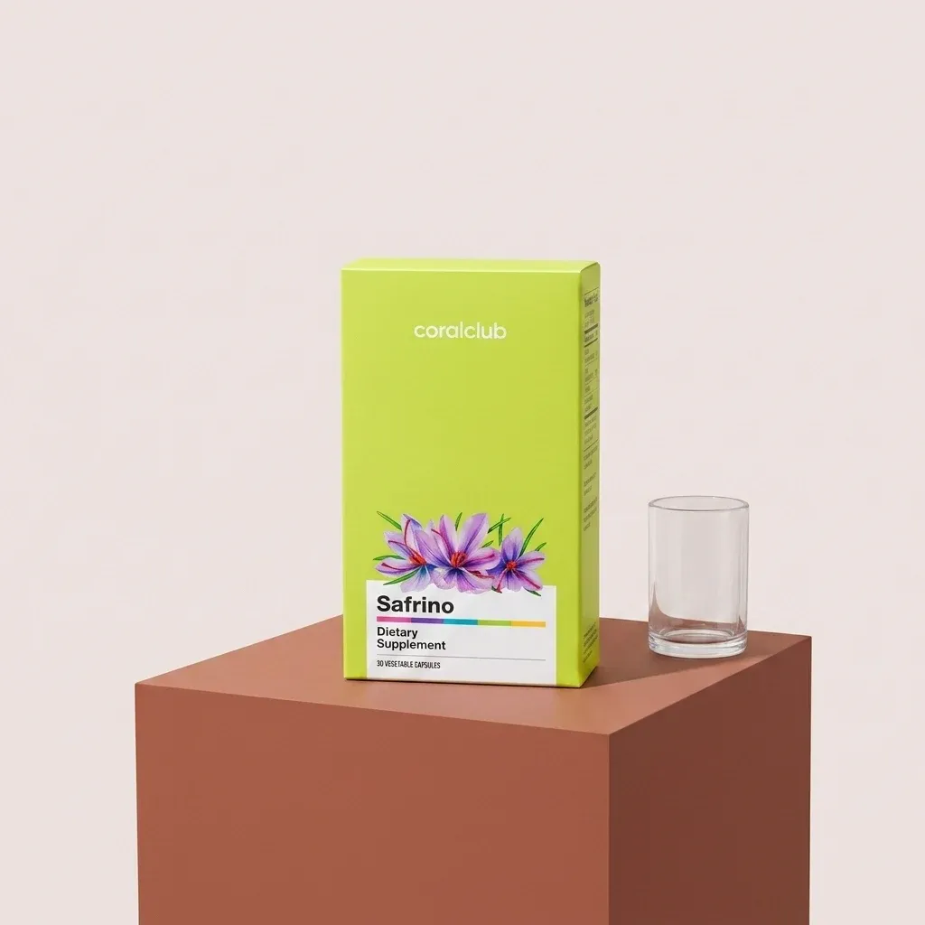 Safrino dietary supplement packshot with vibrant packaging and a glass on a pedestal.