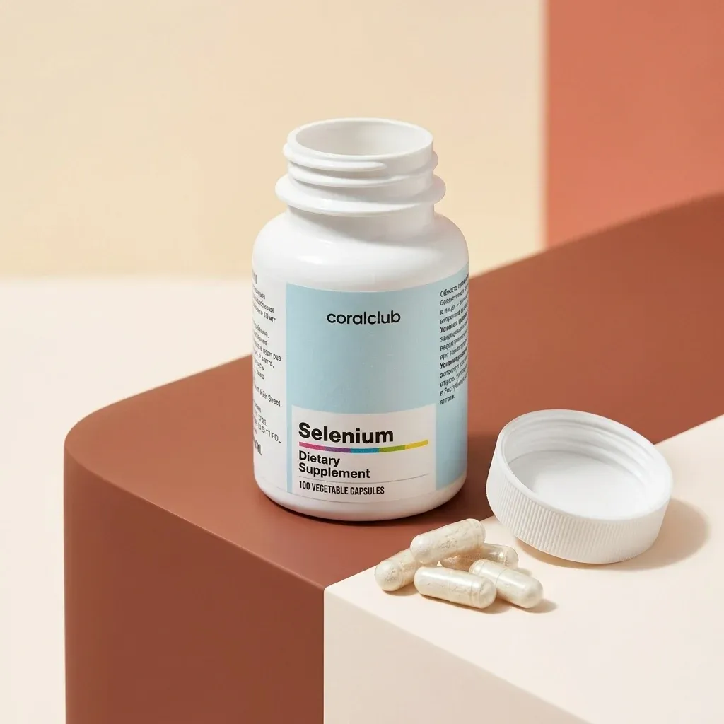 Selenium dietary supplement bottle with vegetable capsules on a minimalistic background.