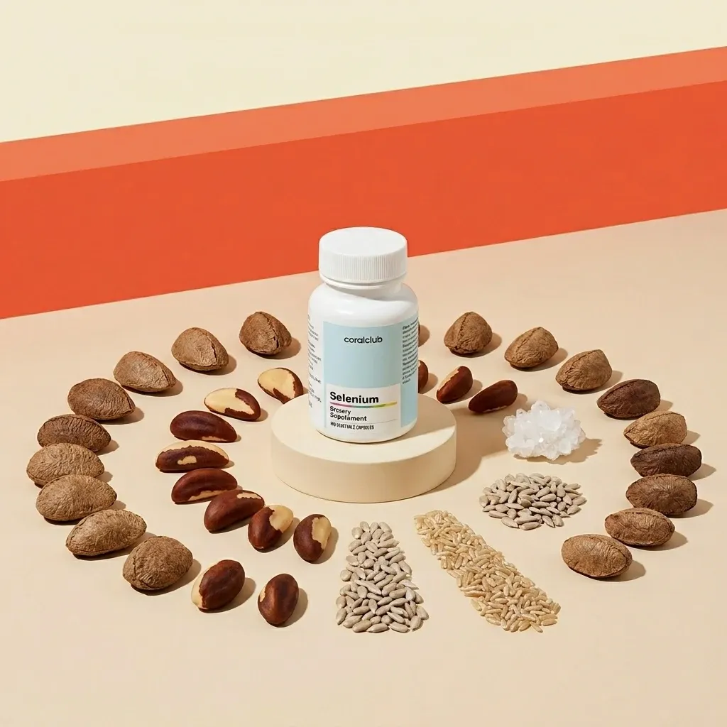 Selenium supplement bottle surrounded by various nuts and seeds on a neutral backdrop.