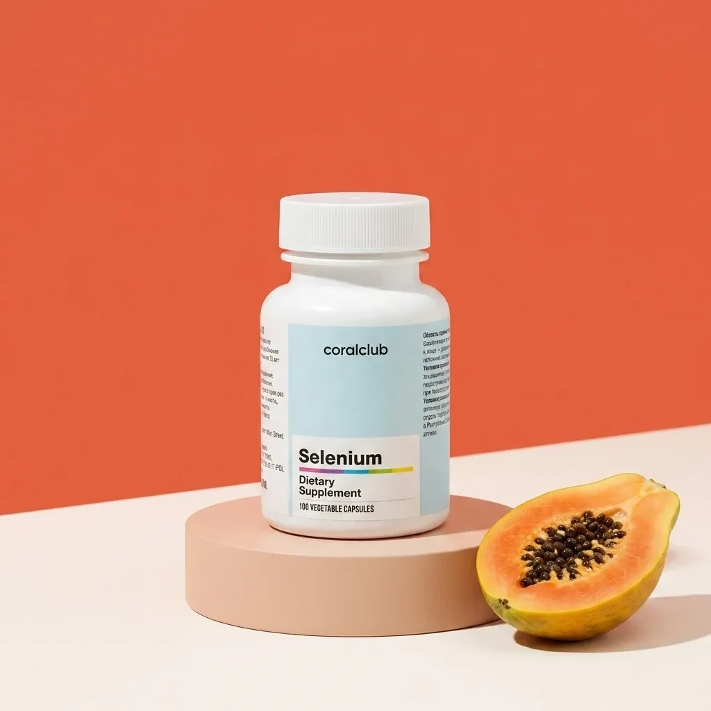 Selenium dietary supplement packshot with papaya on a circular pedestal against a vibrant background.