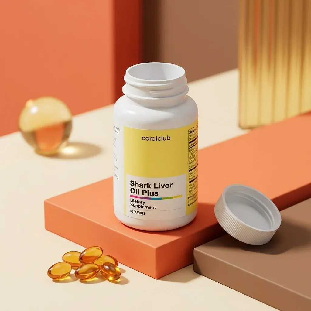 Shark Liver Oil Plus dietary supplement bottle with softgel capsules on a colorful background.