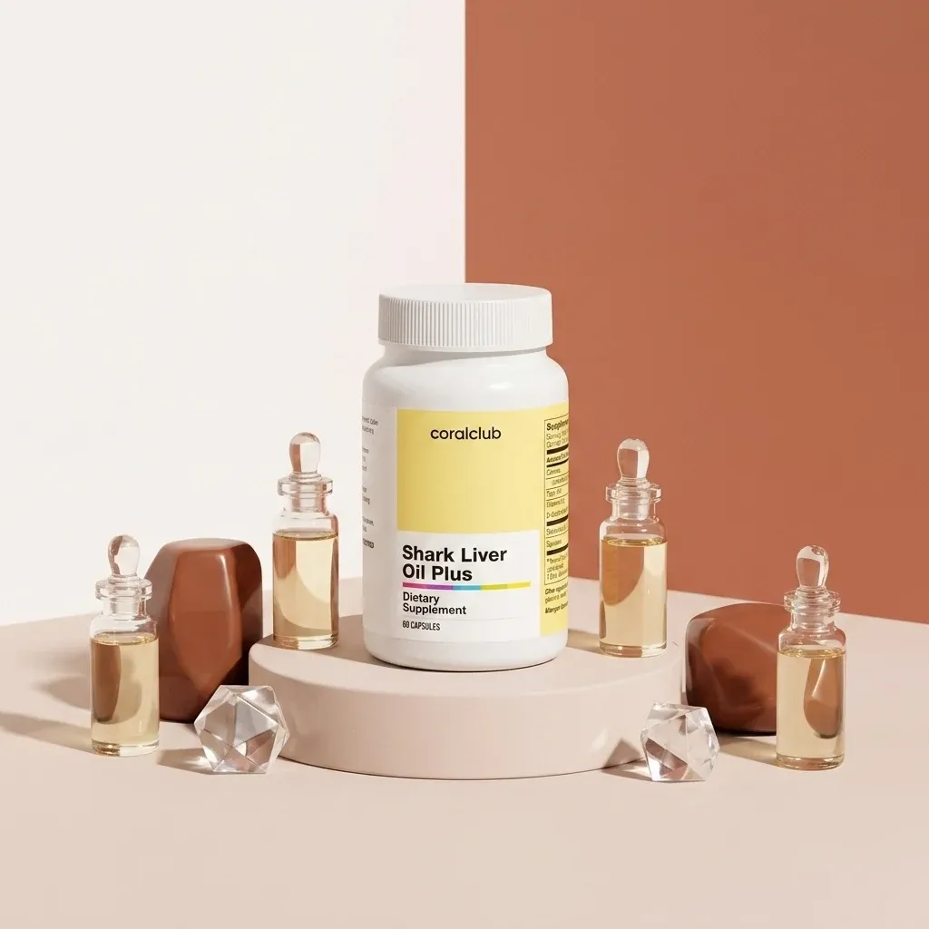 Shark Liver Oil Plus dietary supplement bottle with glass droppers and decorative stones.