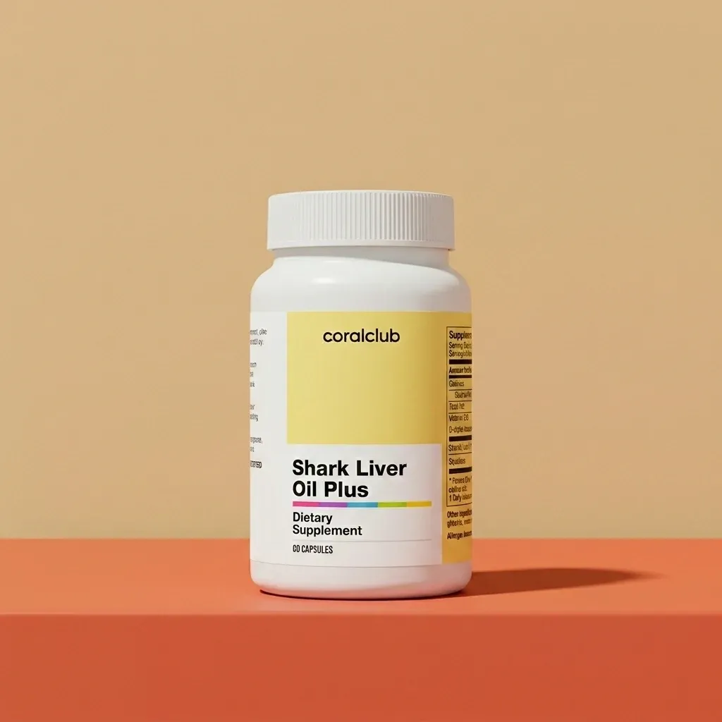 Shark Liver Oil Plus dietary supplement packshot with white bottle and yellow label.