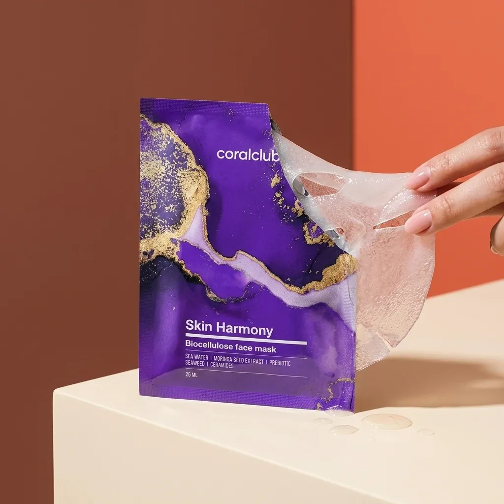 Skin Harmony Biocellulose Facial Mask detail with gel texture and vibrant purple packaging.