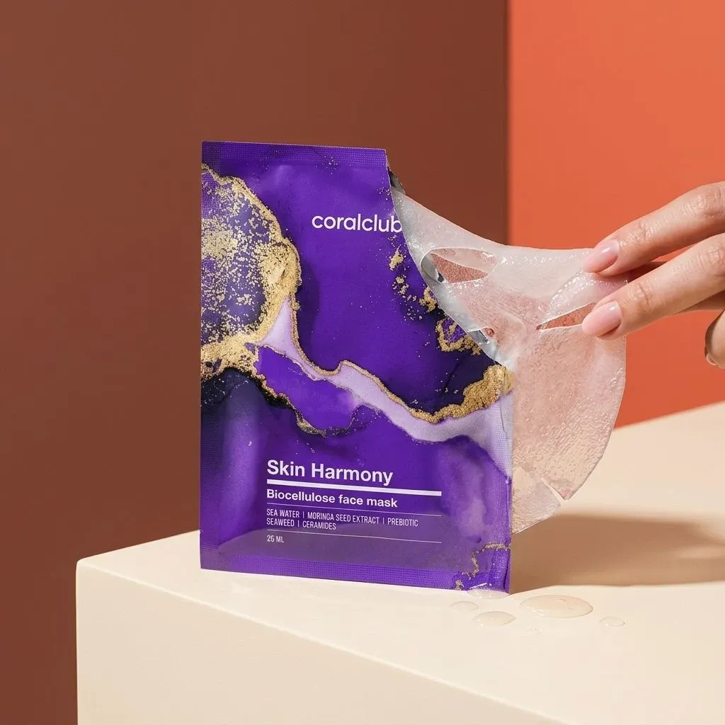 Skin Harmony Biocellulose Facial Mask detail with gel texture and vibrant purple packaging.