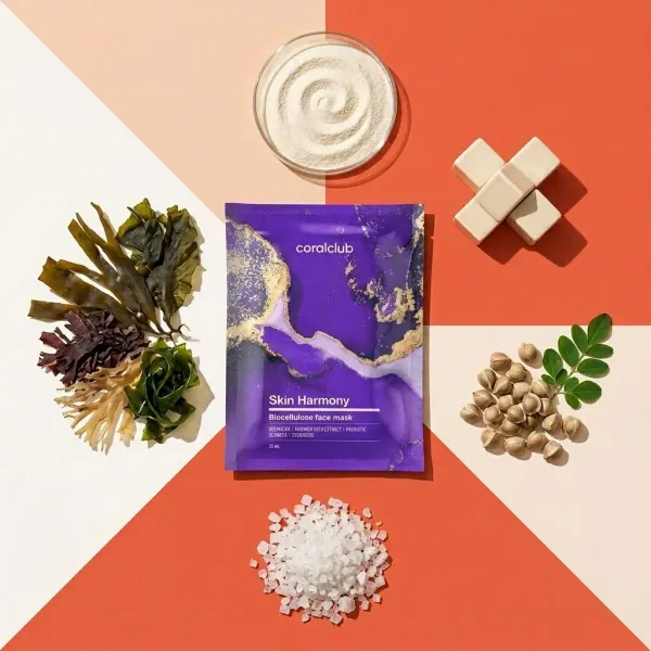Skin Harmony Biocellulose Facial Mask with seaweed, clay, and natural ingredients on a colorful background.