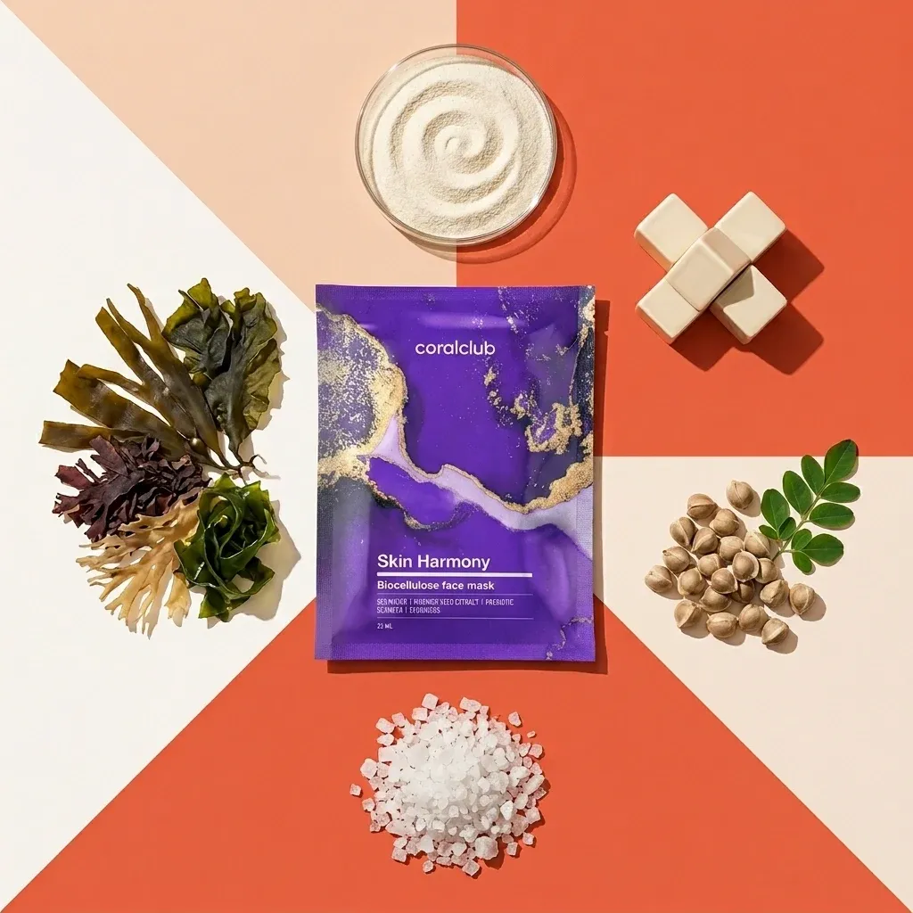 Skin Harmony Biocellulose Facial Mask with seaweed, clay, and natural ingredients on a colorful background.