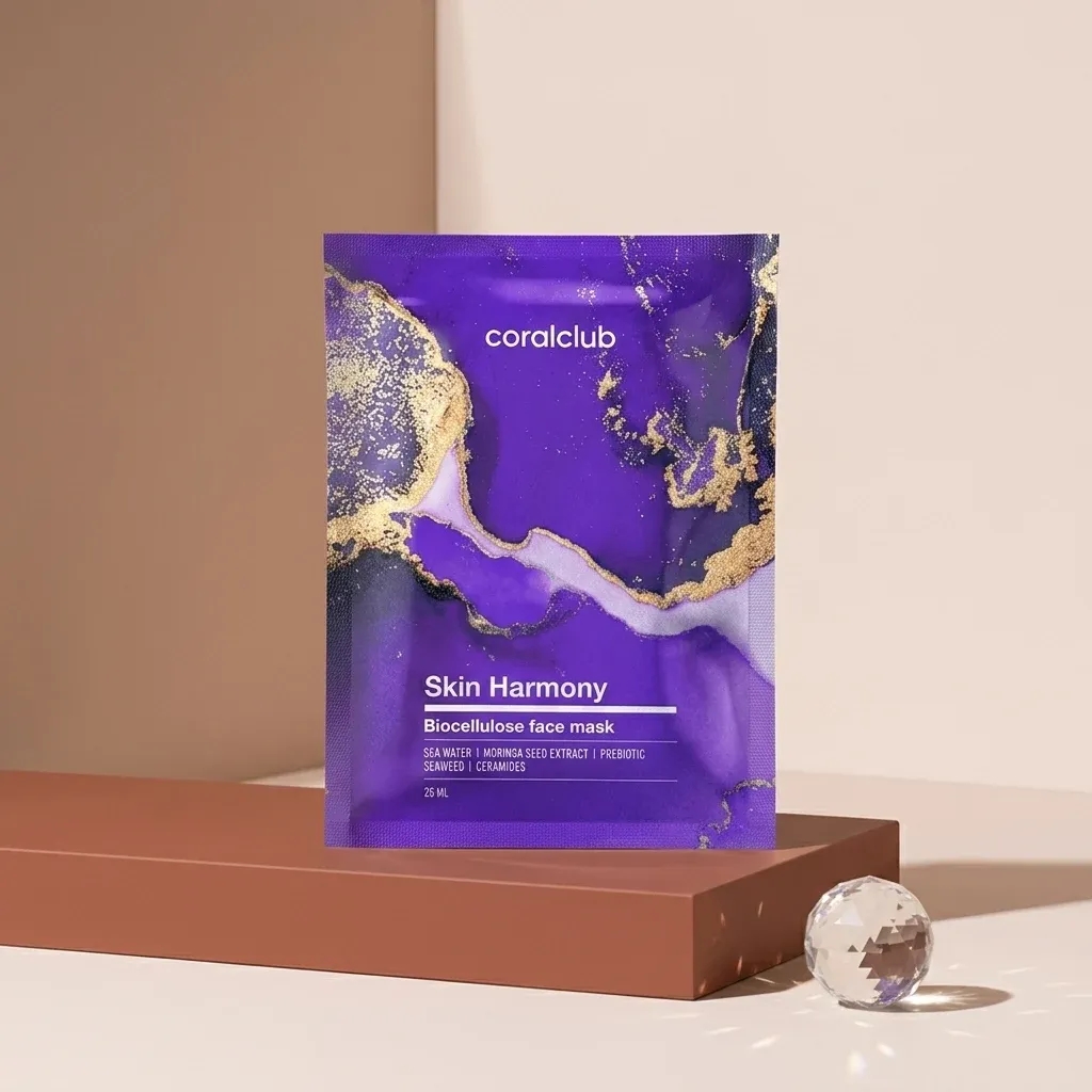 Skin Harmony Biocellulose Facial Mask packshot with vibrant purple design and gold accents.