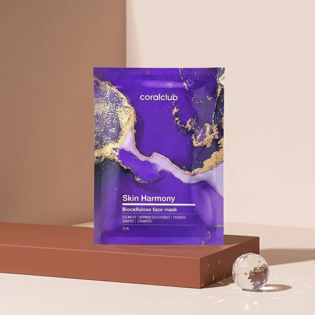 Skin Harmony Biocellulose Facial Mask packshot with vibrant purple design and gold accents.