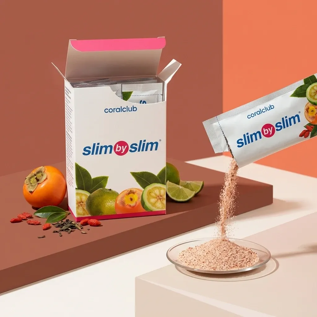 Slim by Slim detail showing powder being poured from a packet onto a plate, with packaging in background.