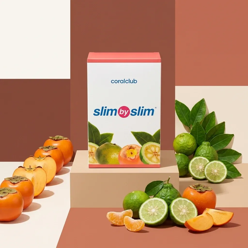 Slim by Slim ingredient box with fresh fruits including persimmons, limes, and mandarins.