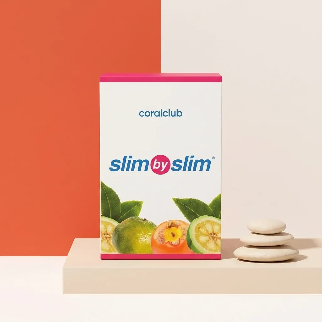 Slim by Slim packshot featuring vibrant fruit imagery and a minimalist background.